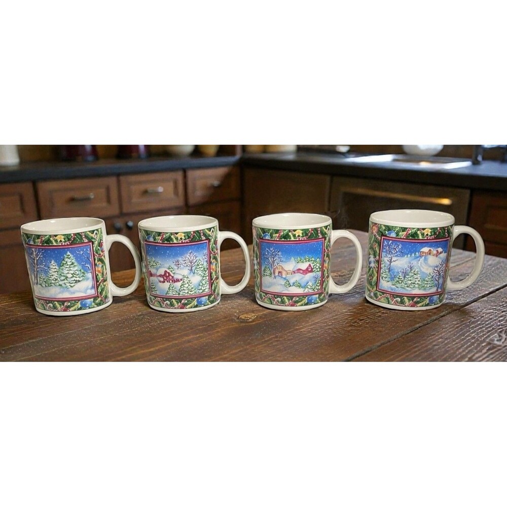 Vintage Sakura Christmas Scene Mugs by Sue Zipkin – Set of 4 (1995) - Picture 1 of 15